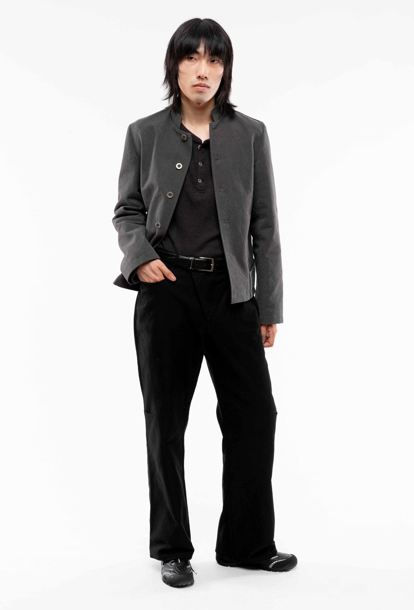 CHEN(G) - Black Oviform Trousers with Slanted Crotch Opening
Black Shoes