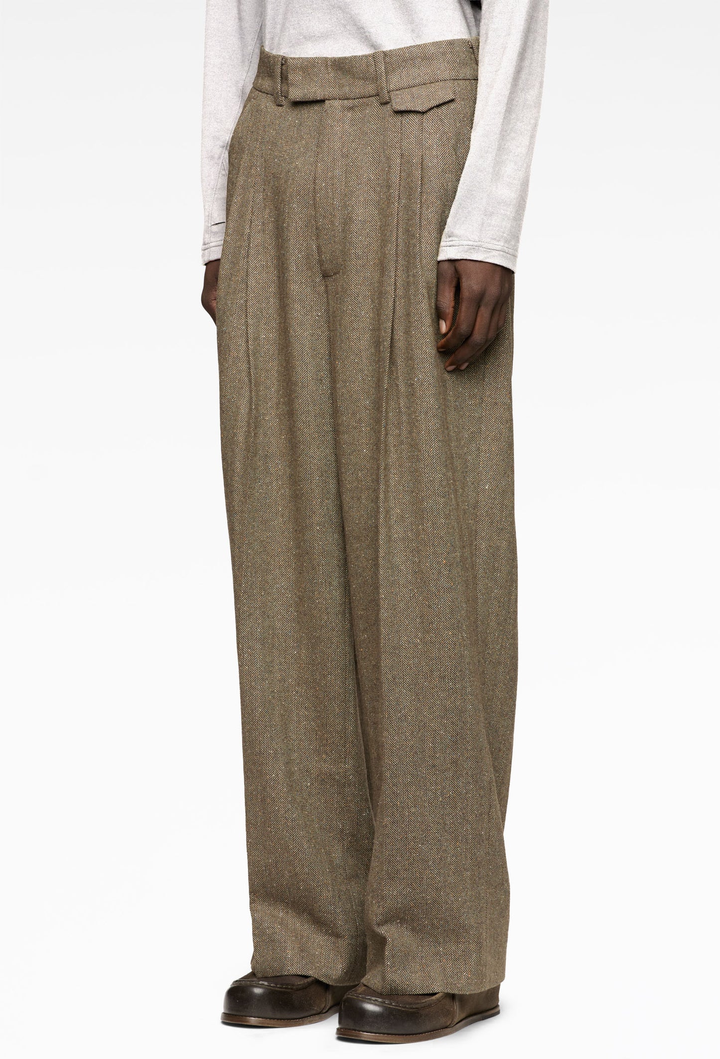 Dark Herringbone Double Pleated Trousers
