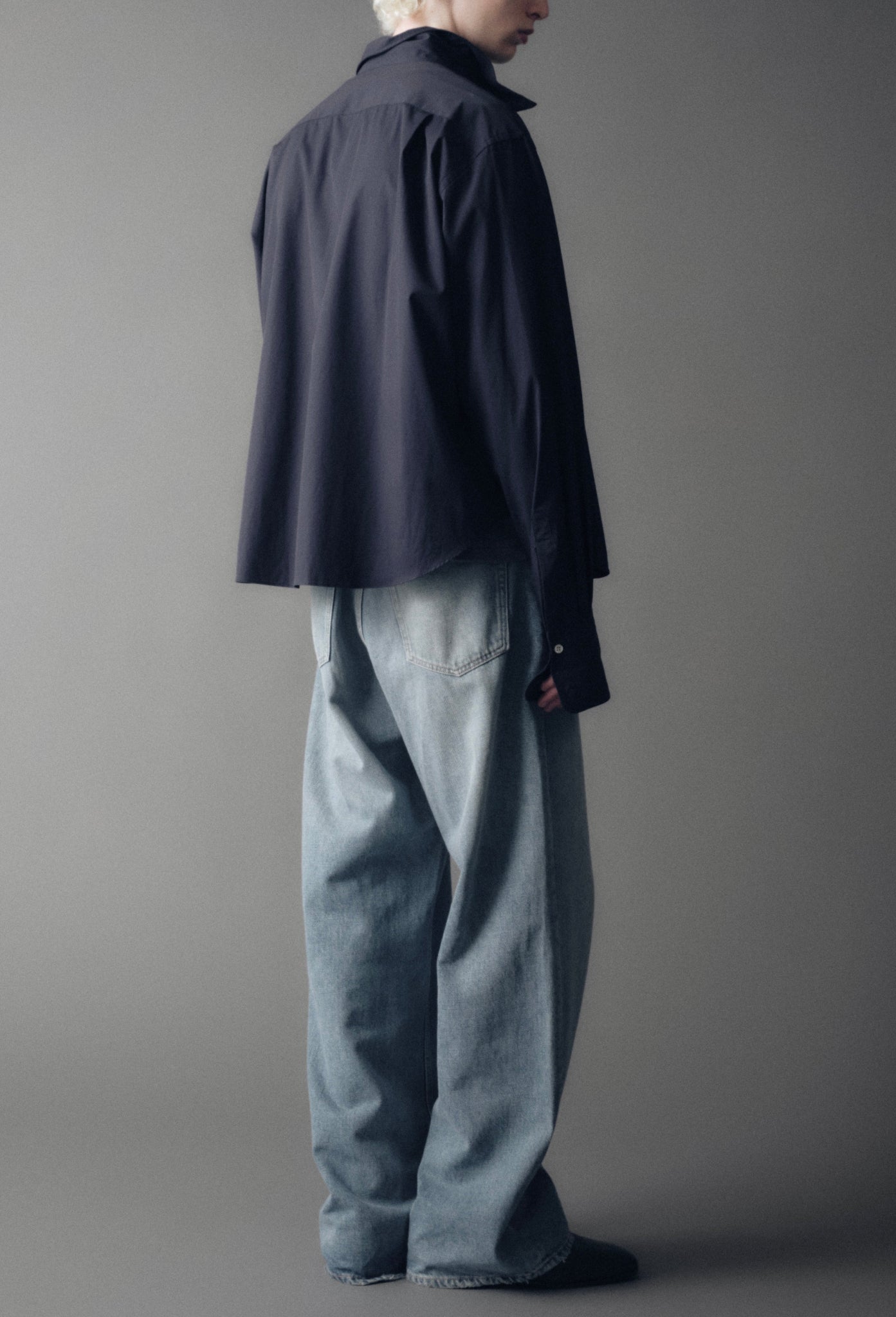 Navy Finn Wired Double Cuff Shirt in Cotton Poplin