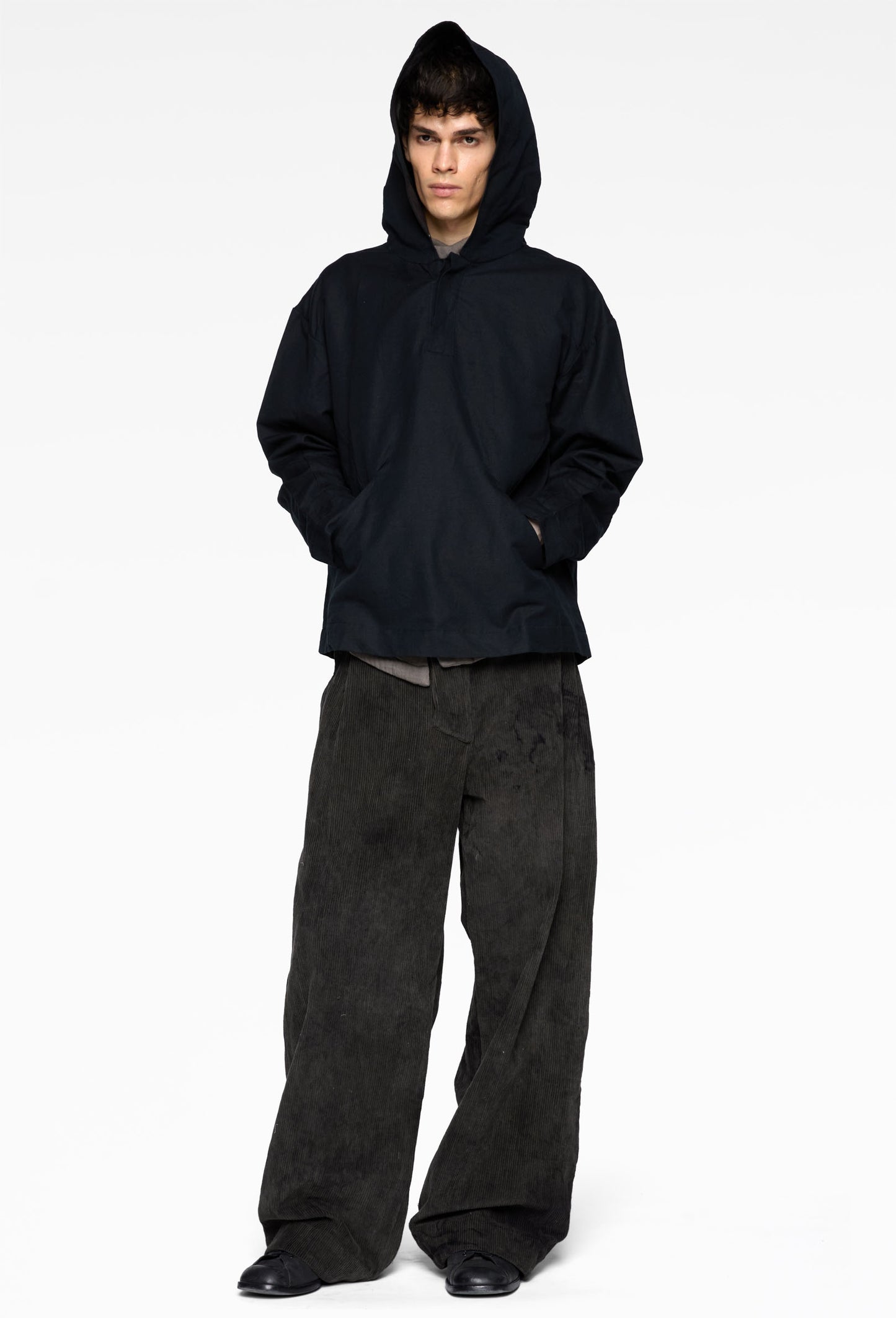 Black Cotton Hooded Shirt
