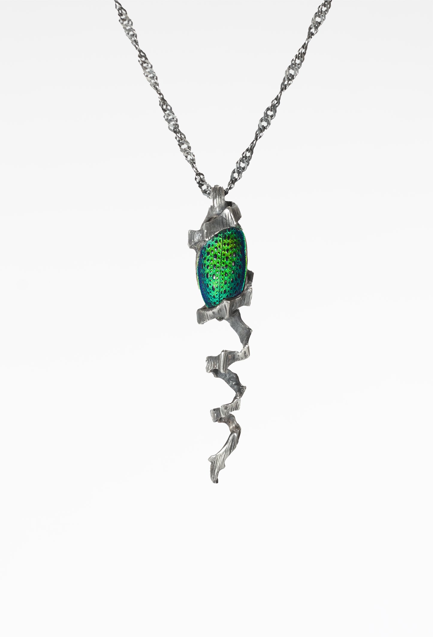 Chitiner - Green Thorns Necklace featuring a green enamel beetle, twisted textured chain, nature's life-inspired