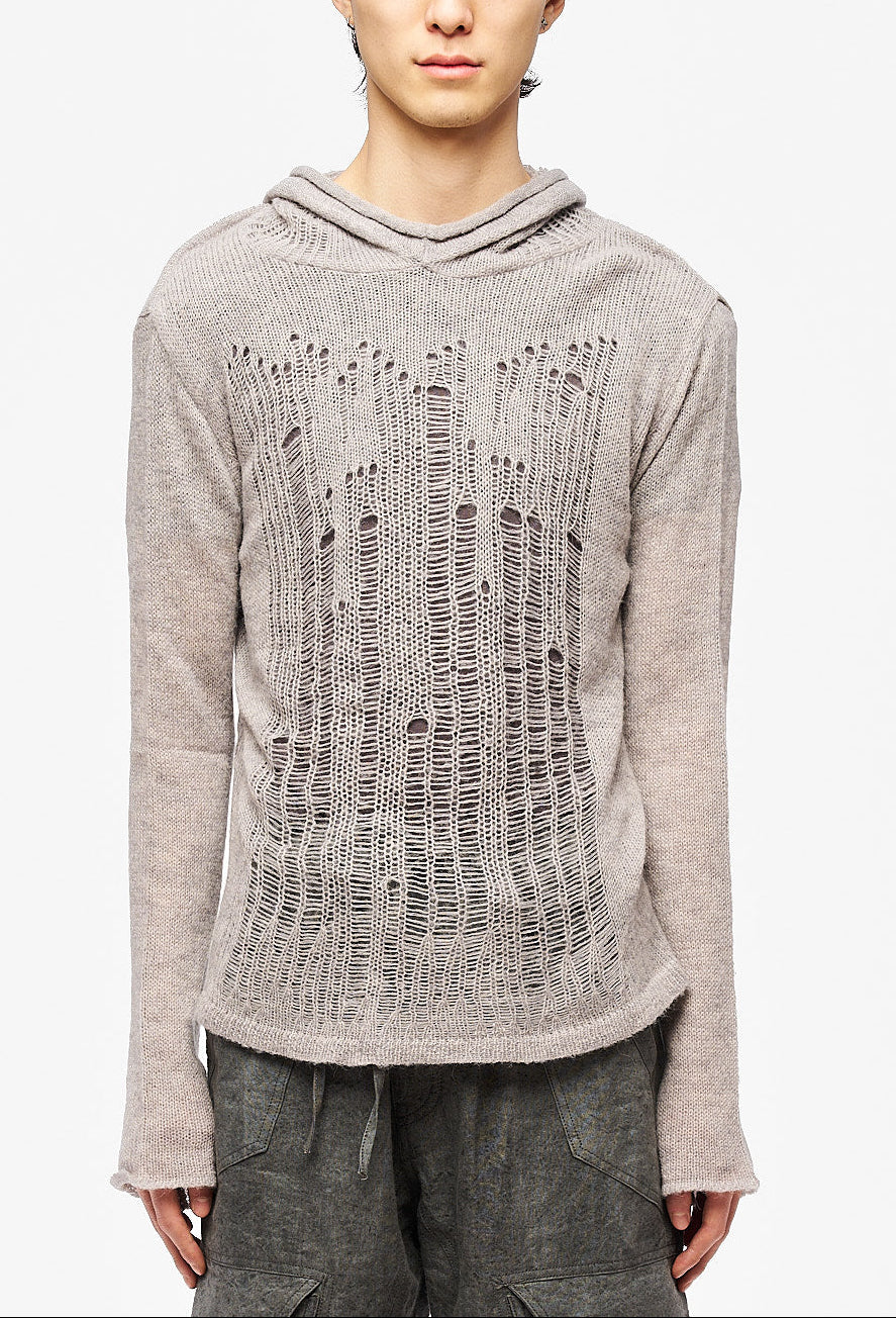Light Grey Distressed Alpaca Hood Knit