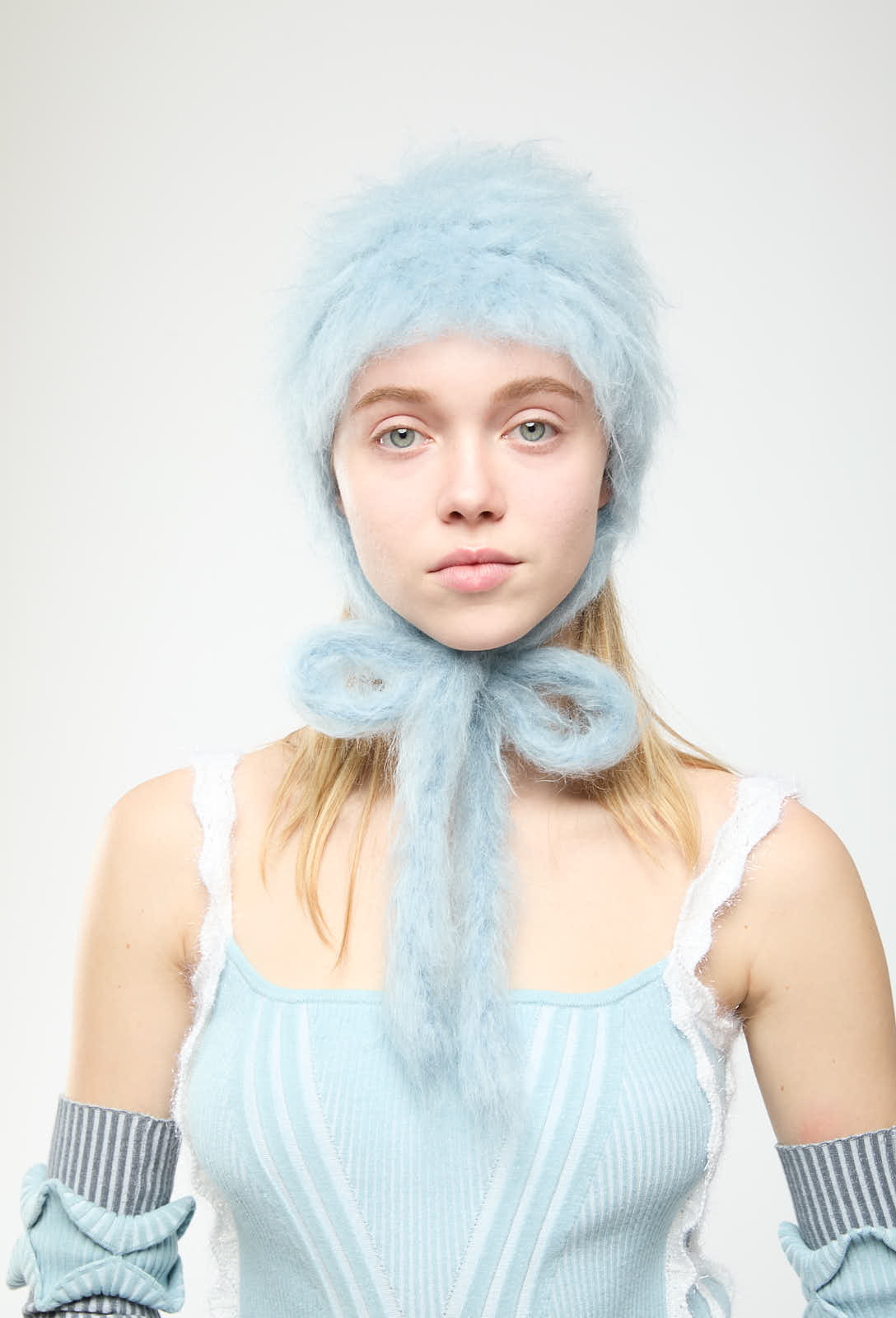 Nong Rak - Hand-Crocheted Blue Mohair Bonnet and Matching Scarf