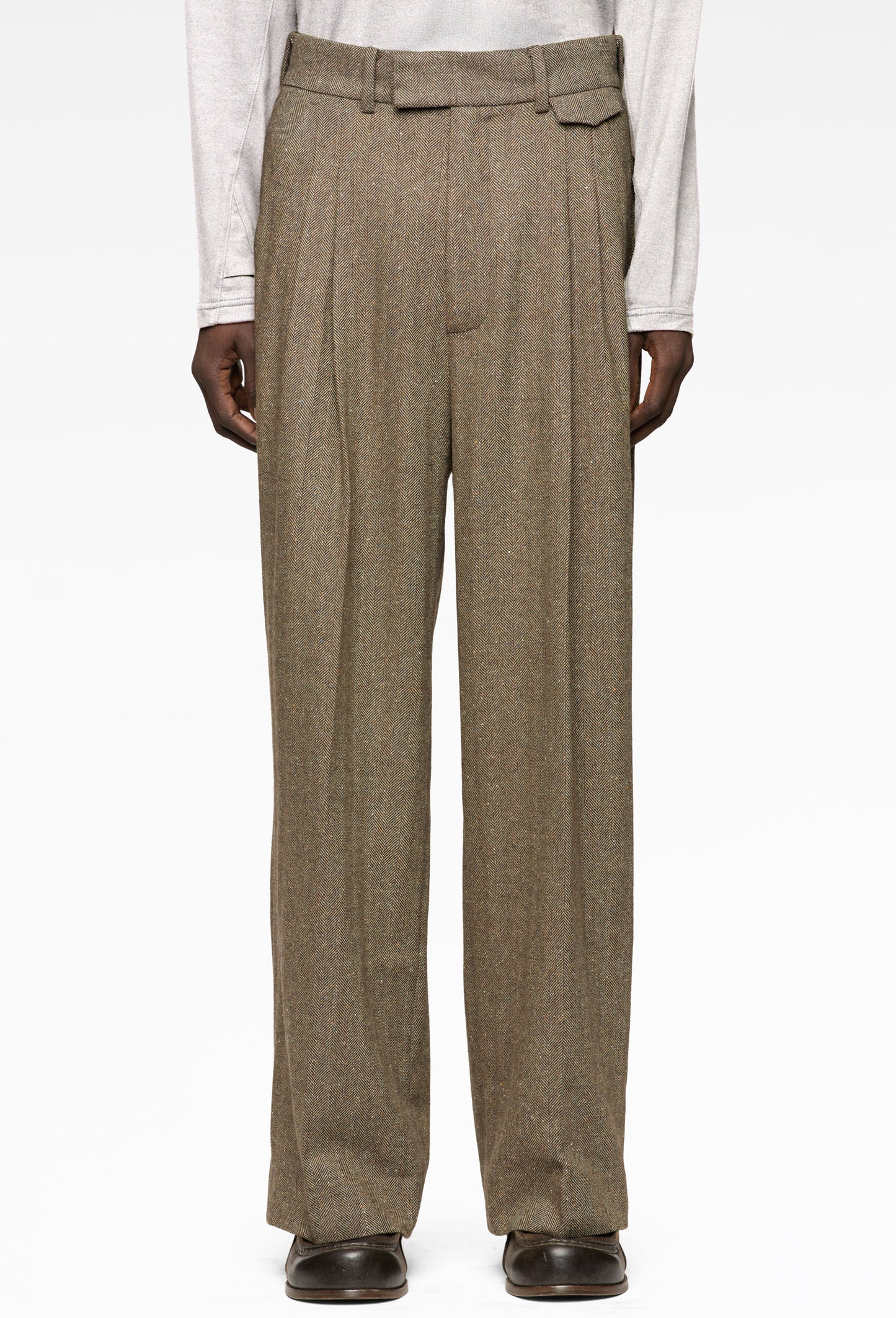 Dark Herringbone Double Pleated Trousers
