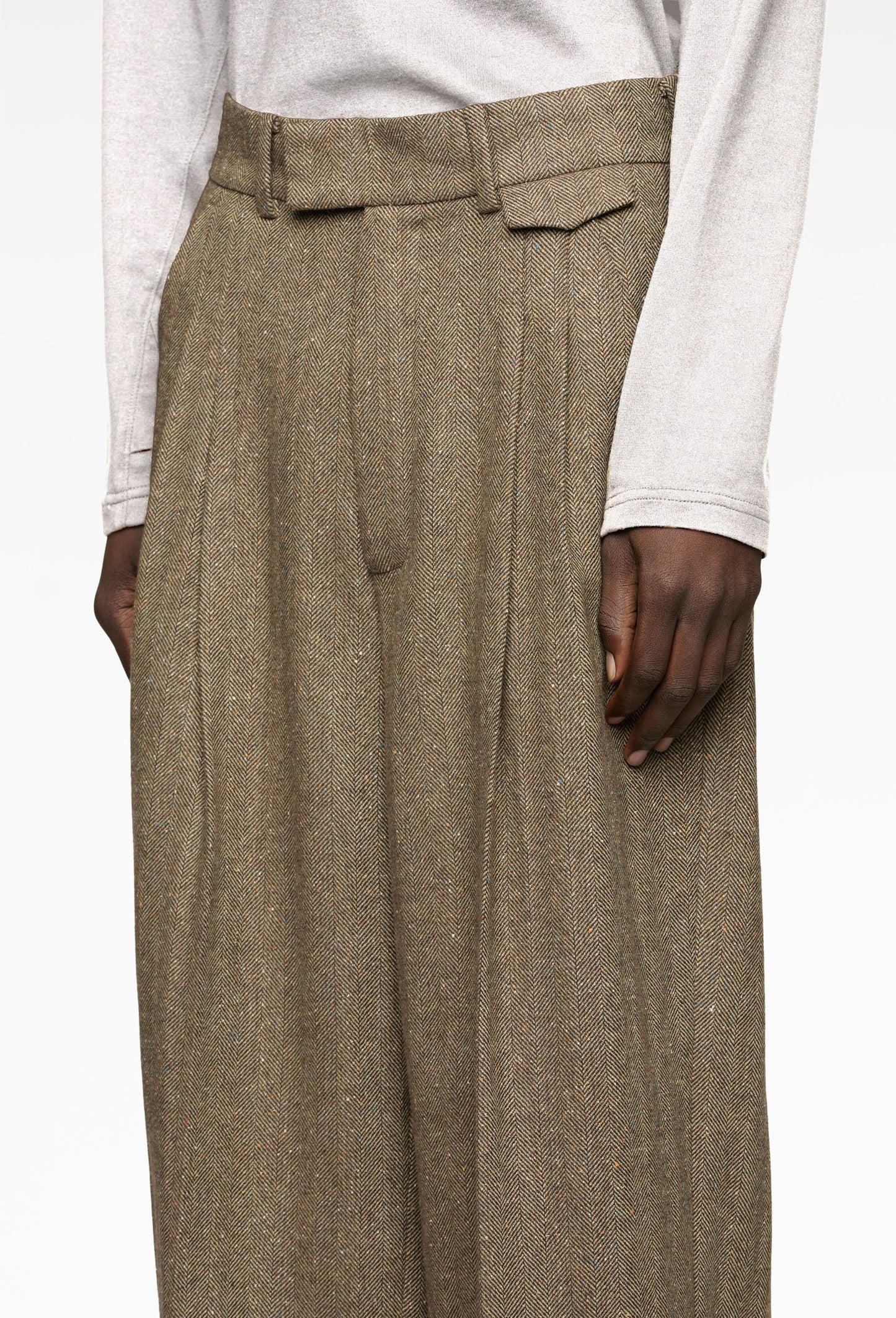 Dark Herringbone Double Pleated Trousers