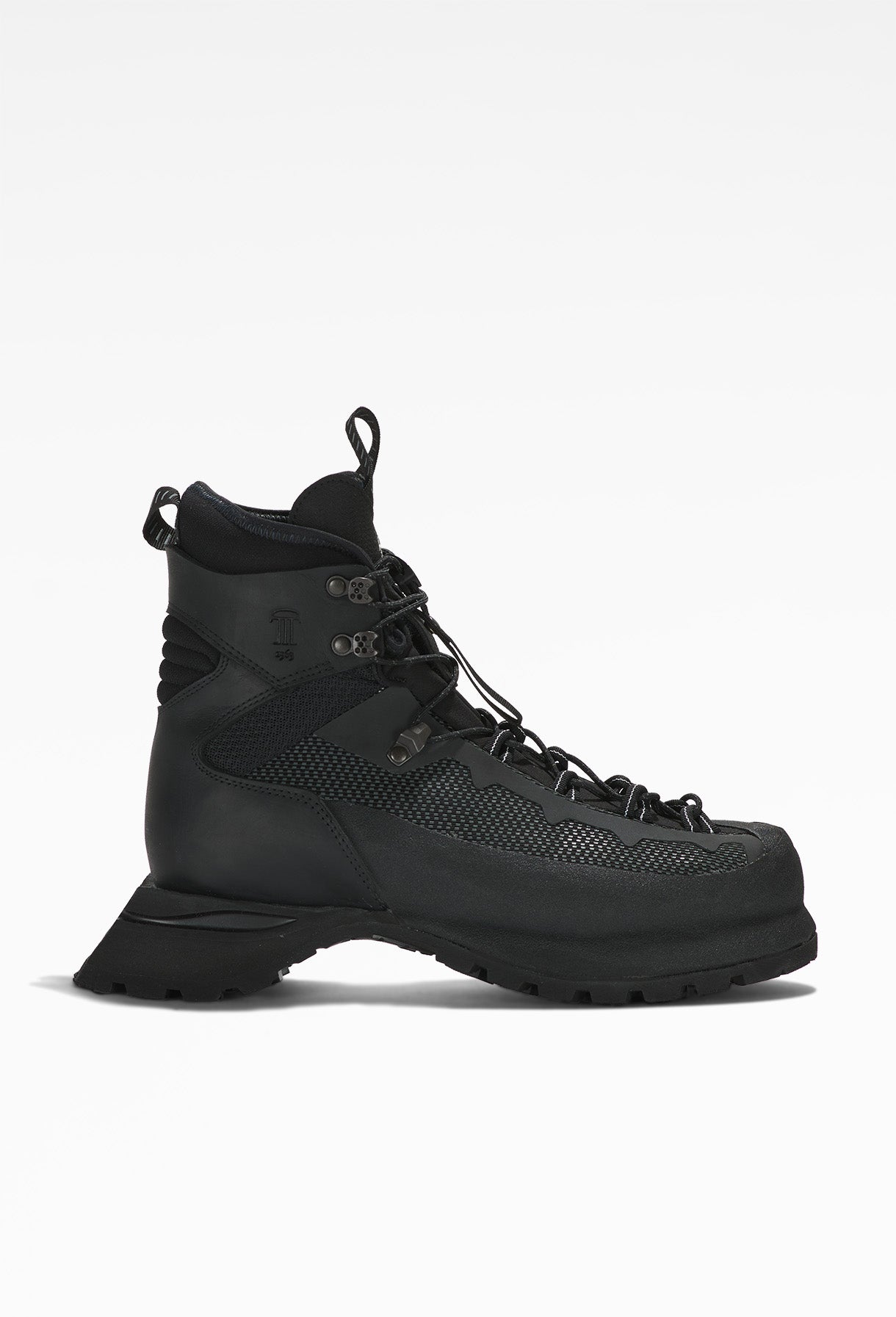 Black hiking boot with rugged design, textured upper, high ankle collar, secure lacing system, and thick, durable outsole.
