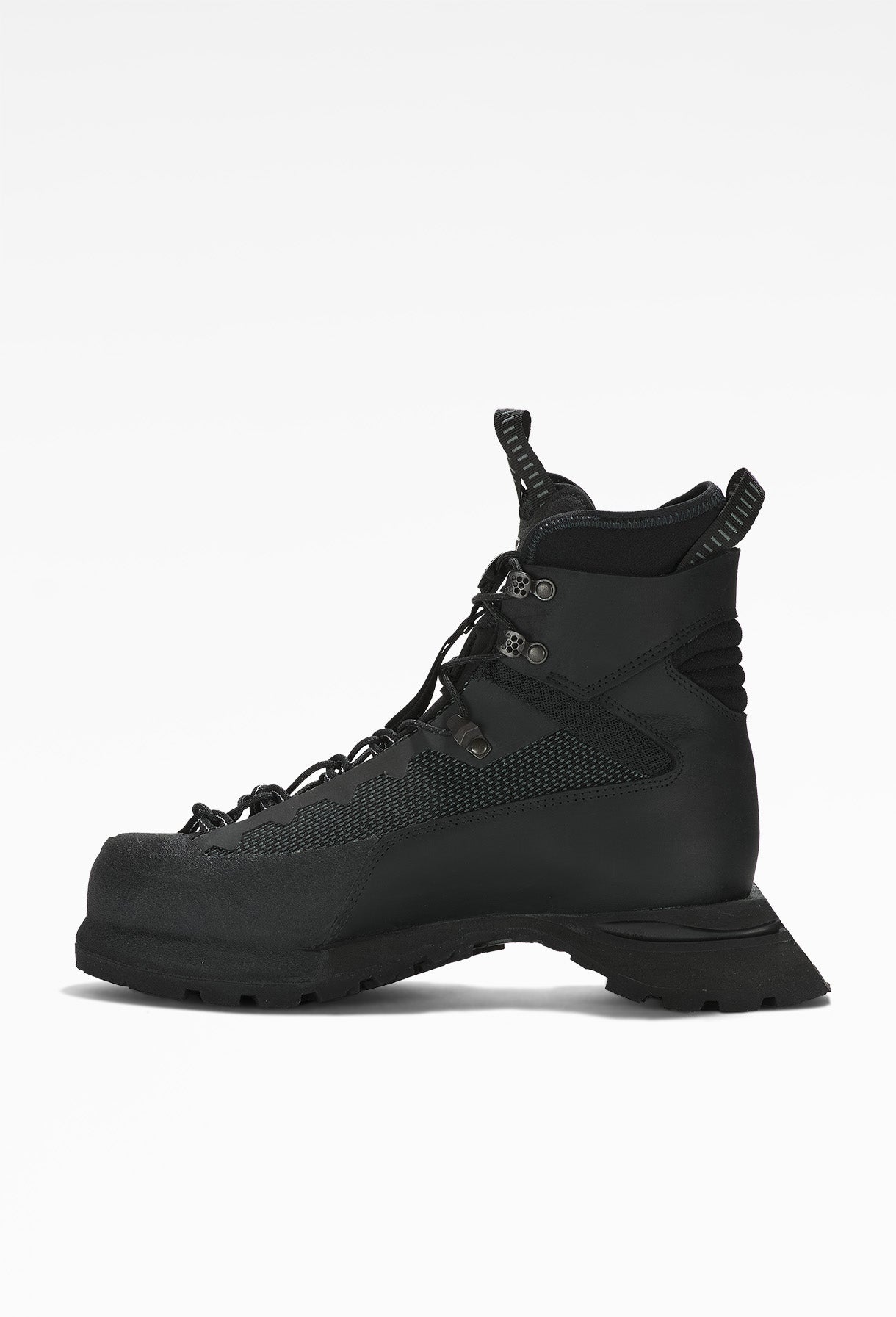 Black hiking boot with rugged design, textured upper, high ankle collar, secure lacing system, and thick, durable outsole.