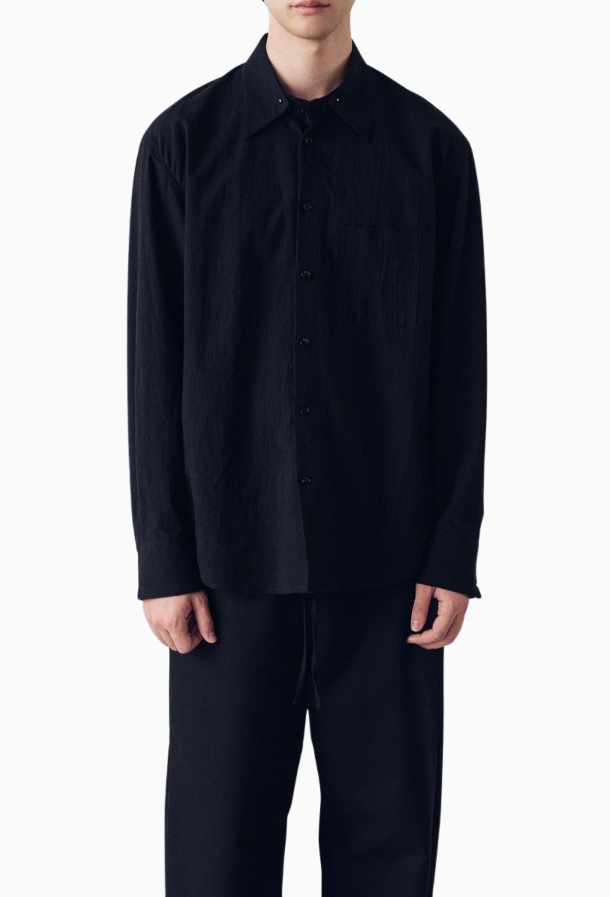 Black Twisted Cotton Haku Split Collar Shirt
