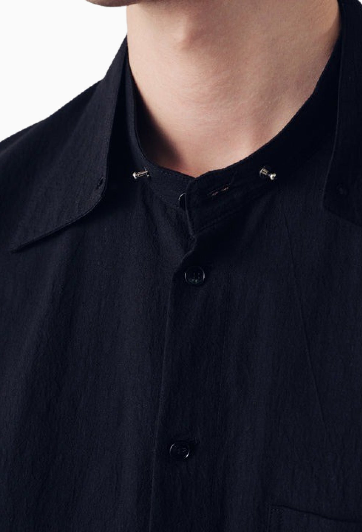 Black Twisted Cotton Haku Split Collar Shirt