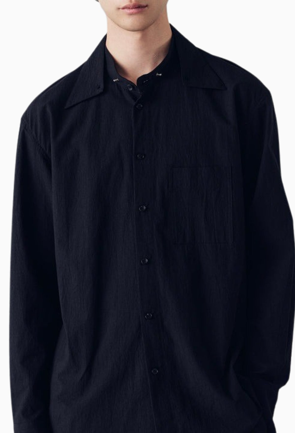 Black Twisted Cotton Haku Split Collar Shirt