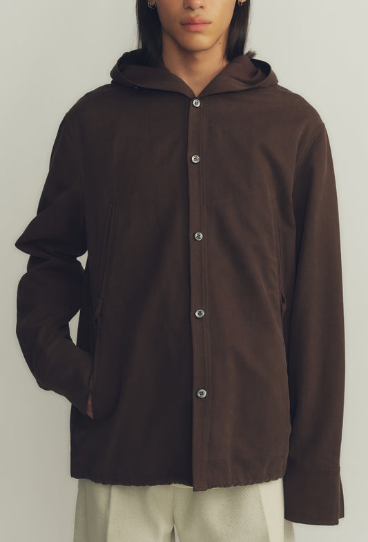 Toffee Knotted Pocket Detail Hooded Shirt