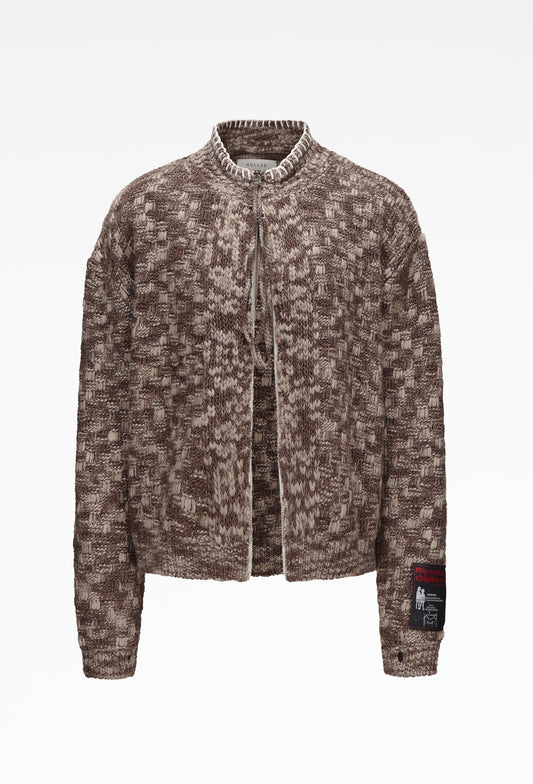 Chex Pattern Knitted Zip Up Jacket