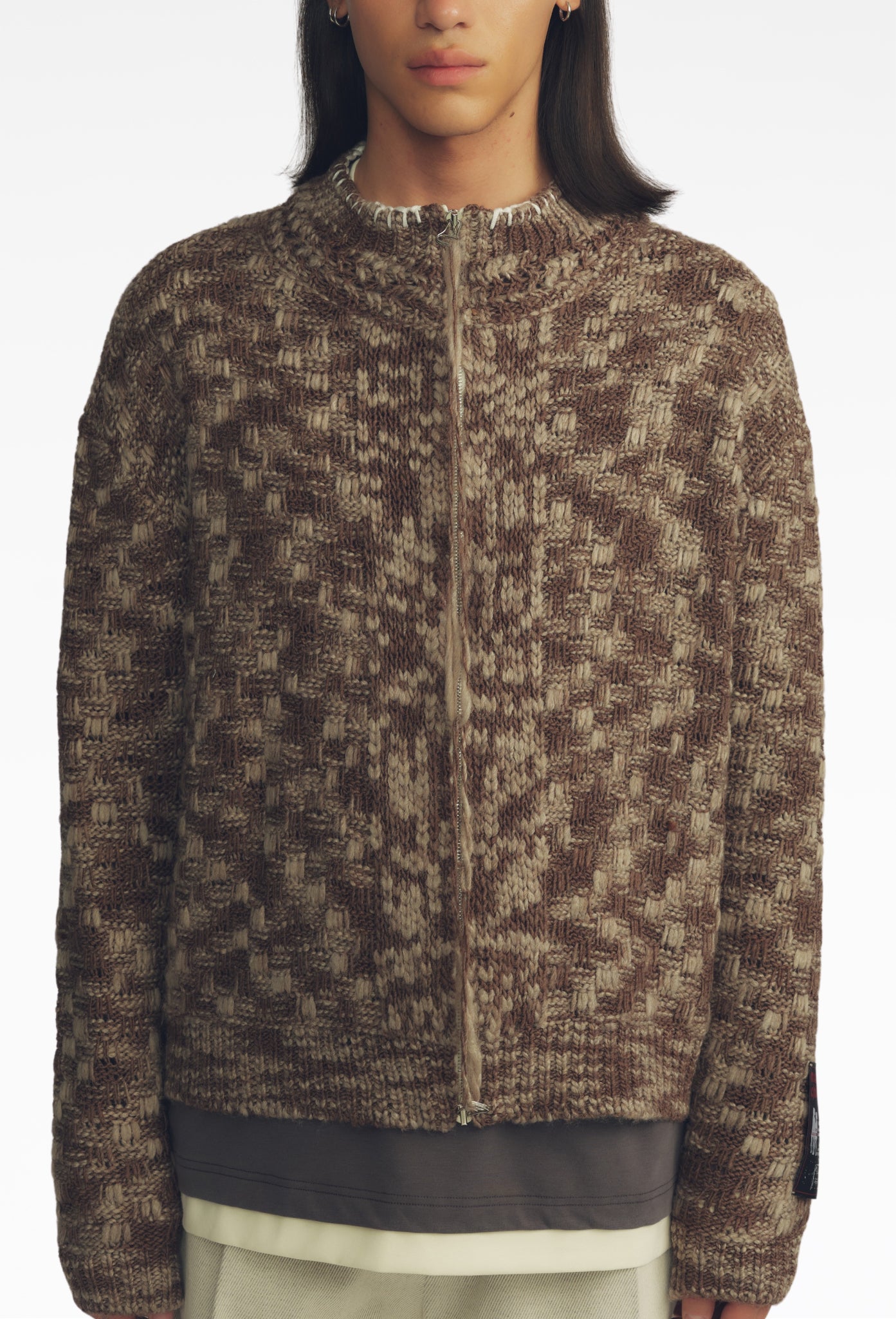 Chex Pattern Knitted Zip Up Jacket