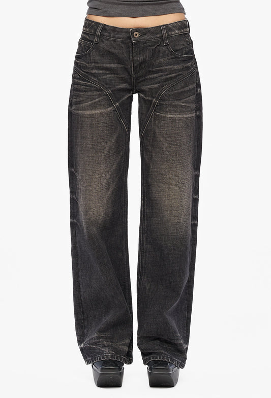 Black Dirty Wash Straight Jeans