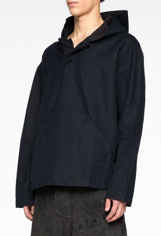 Black Cotton Hooded Shirt