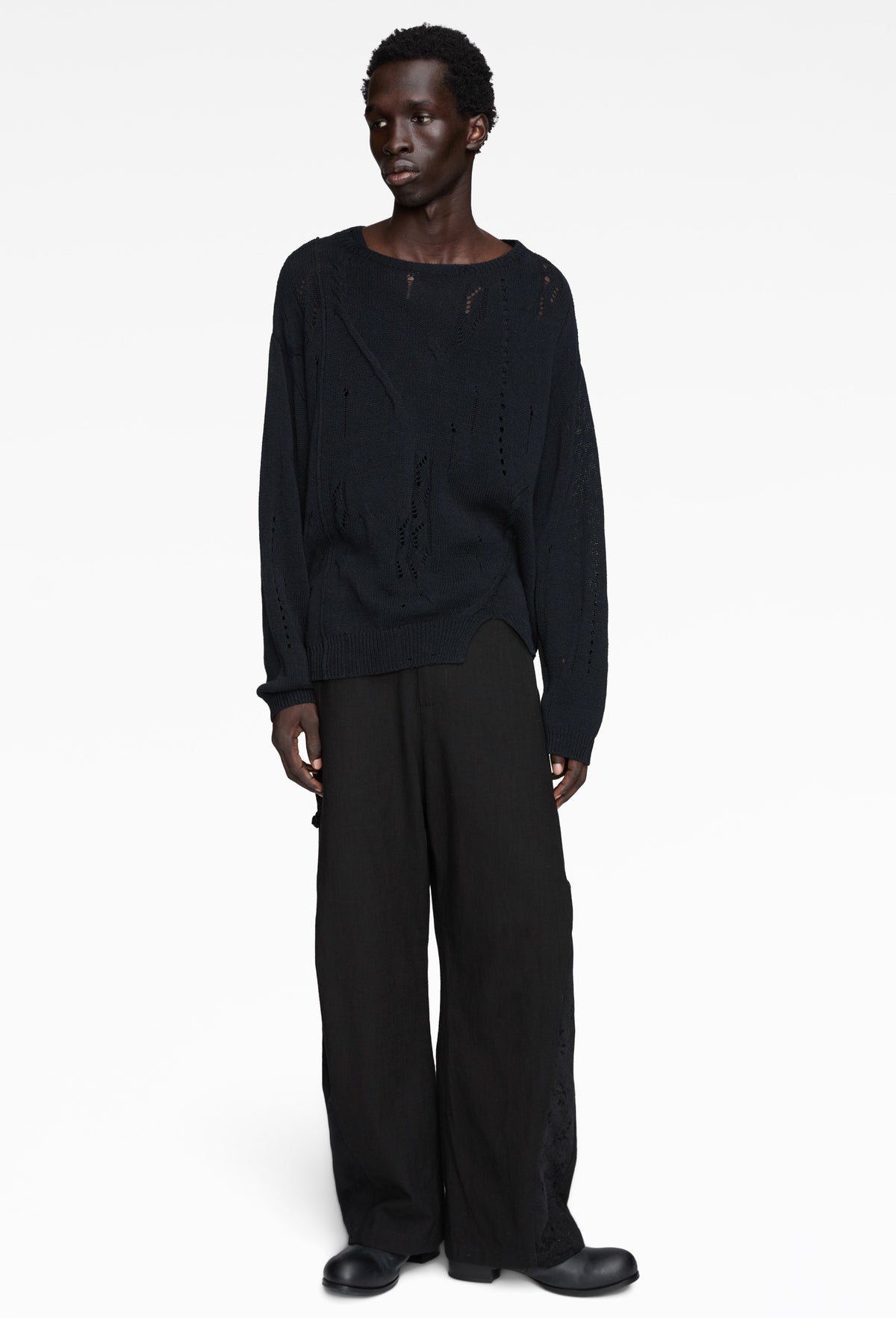 Black Distressed Textured Knit