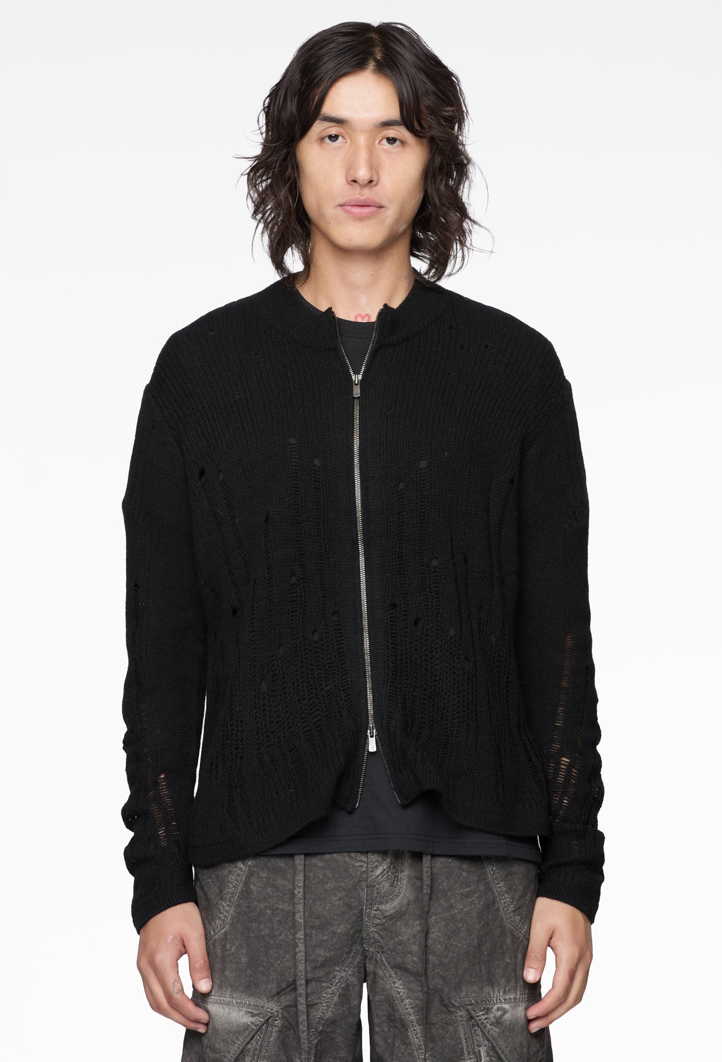 Black Distressed Zip Knit