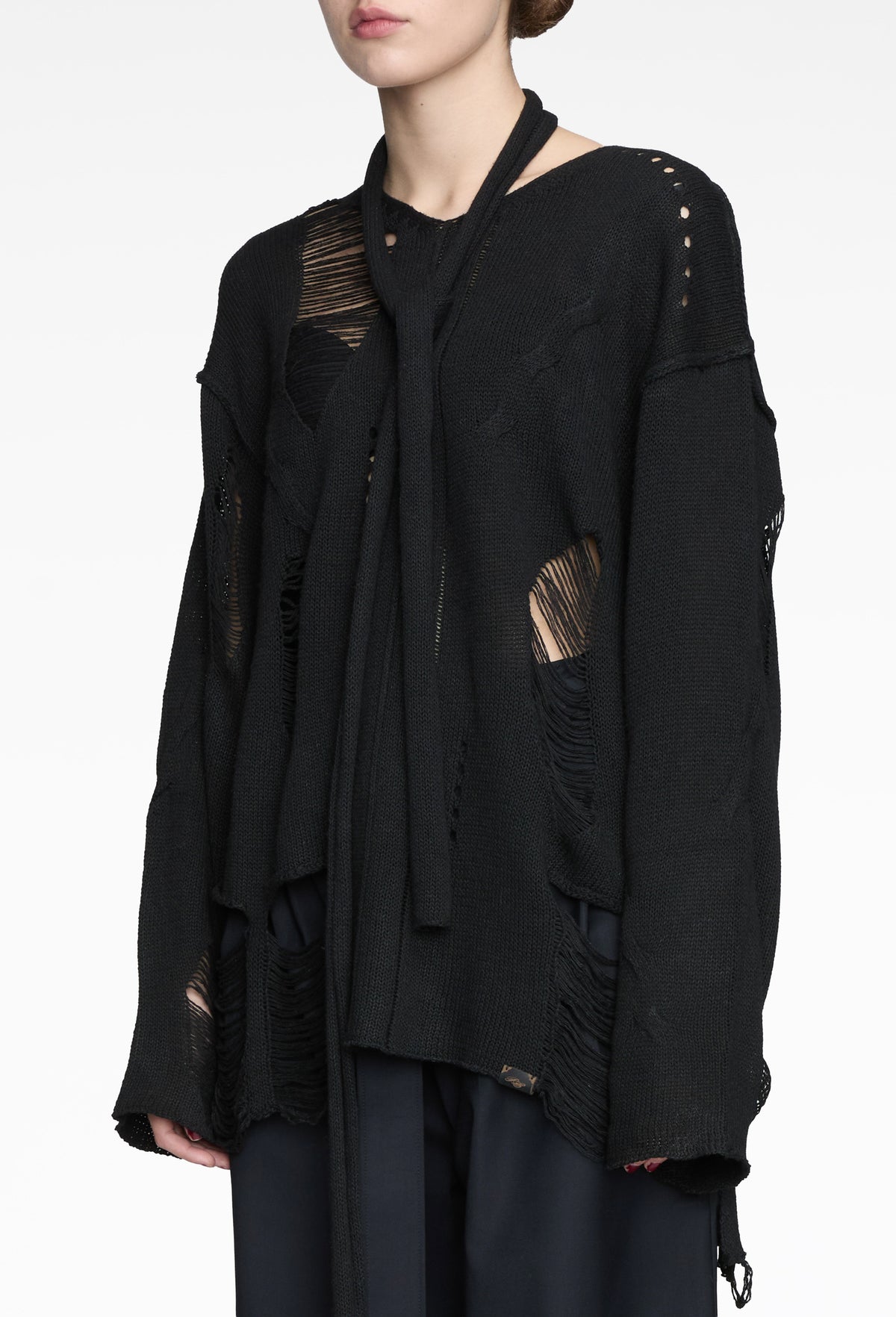 Black Integrated Scarf Poncho Knit
