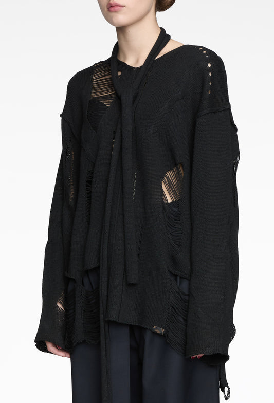 Black Integrated Scarf Poncho Knit