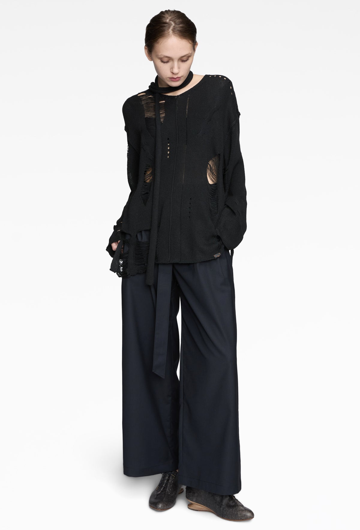 Black Integrated Scarf Poncho Knit