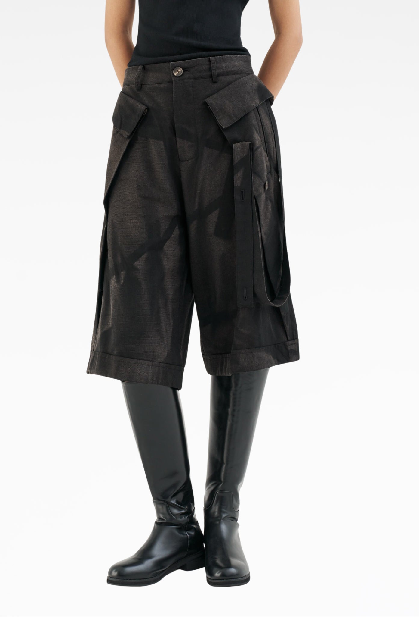Black Sun-Bleached Layered Half Trousers