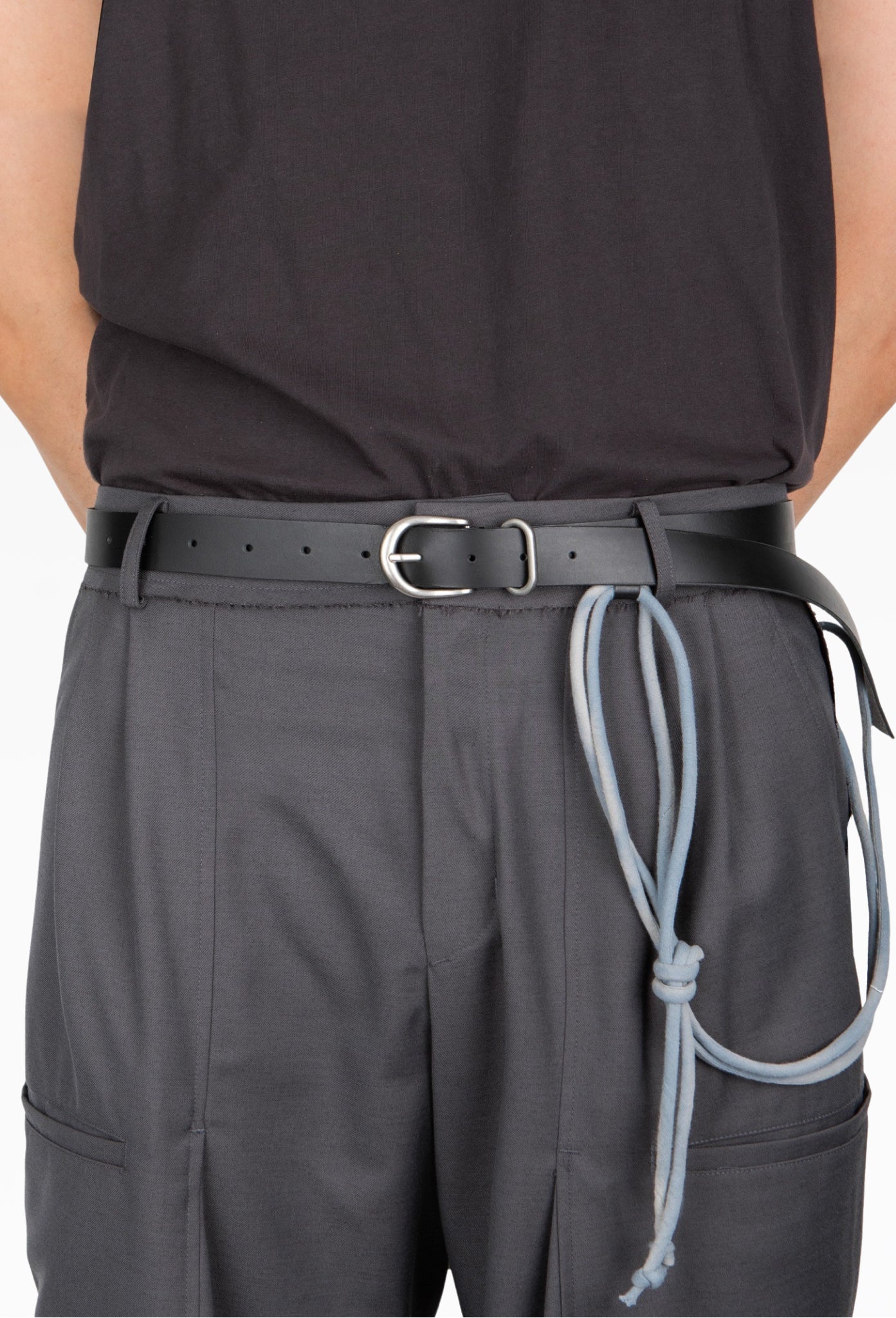 Black Sun-Bleached String Detailed Leather Belt