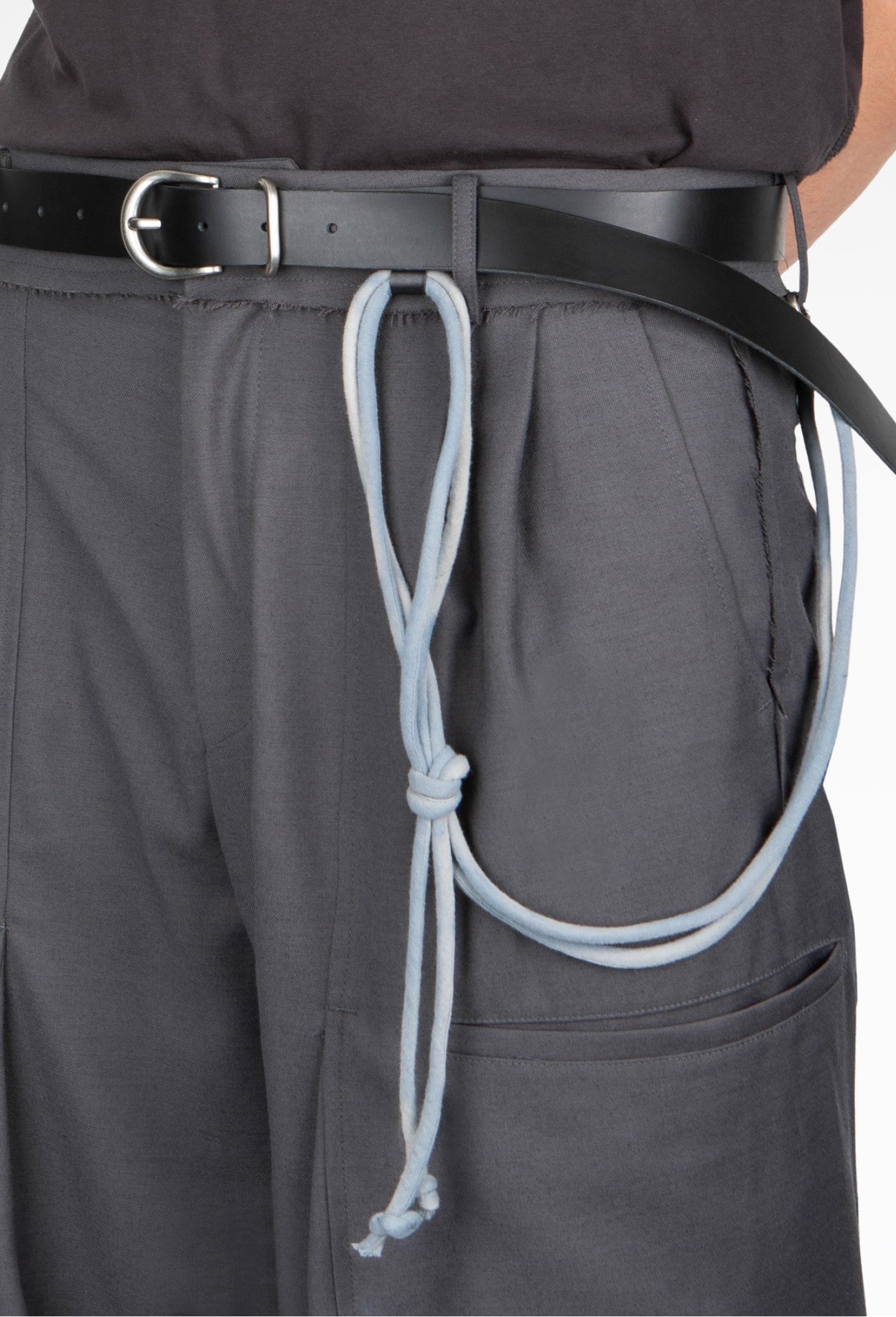 Black Sun-Bleached String Detailed Leather Belt