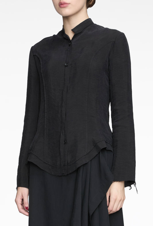 Black Tie-Neck Raw-Edge Shirt