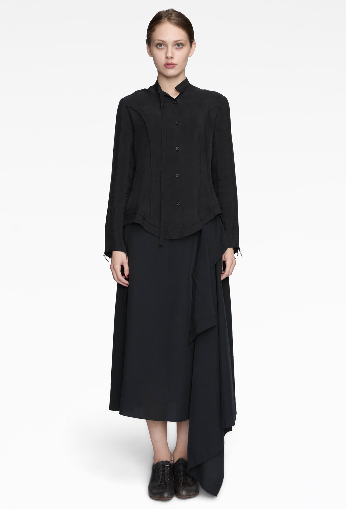 Black Tie-Neck Raw-Edge Shirt