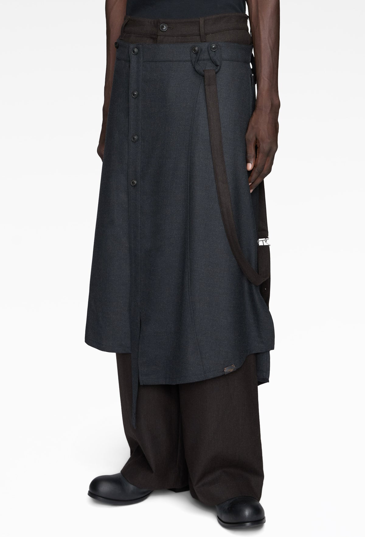 Brown Asymmetric Suspender Skirt-Panel Pants