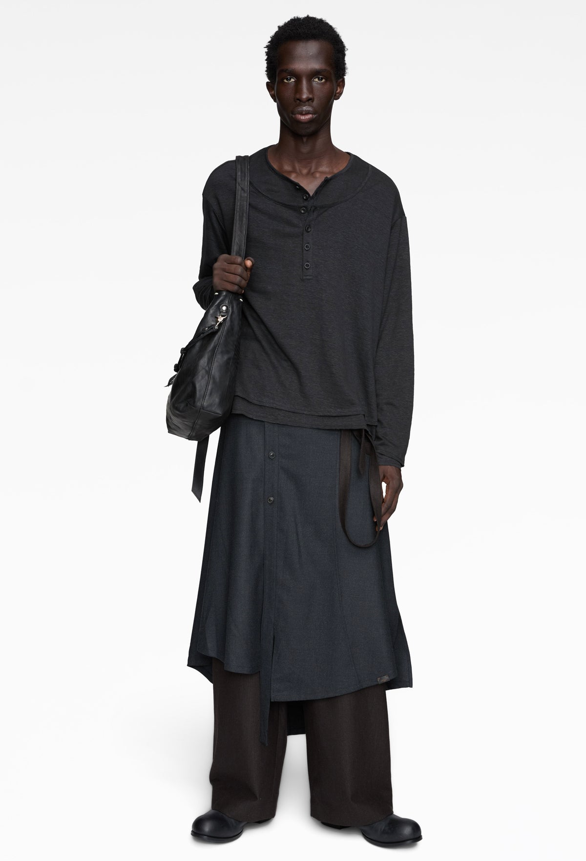 Brown Asymmetric Suspender Skirt-Panel Pants
