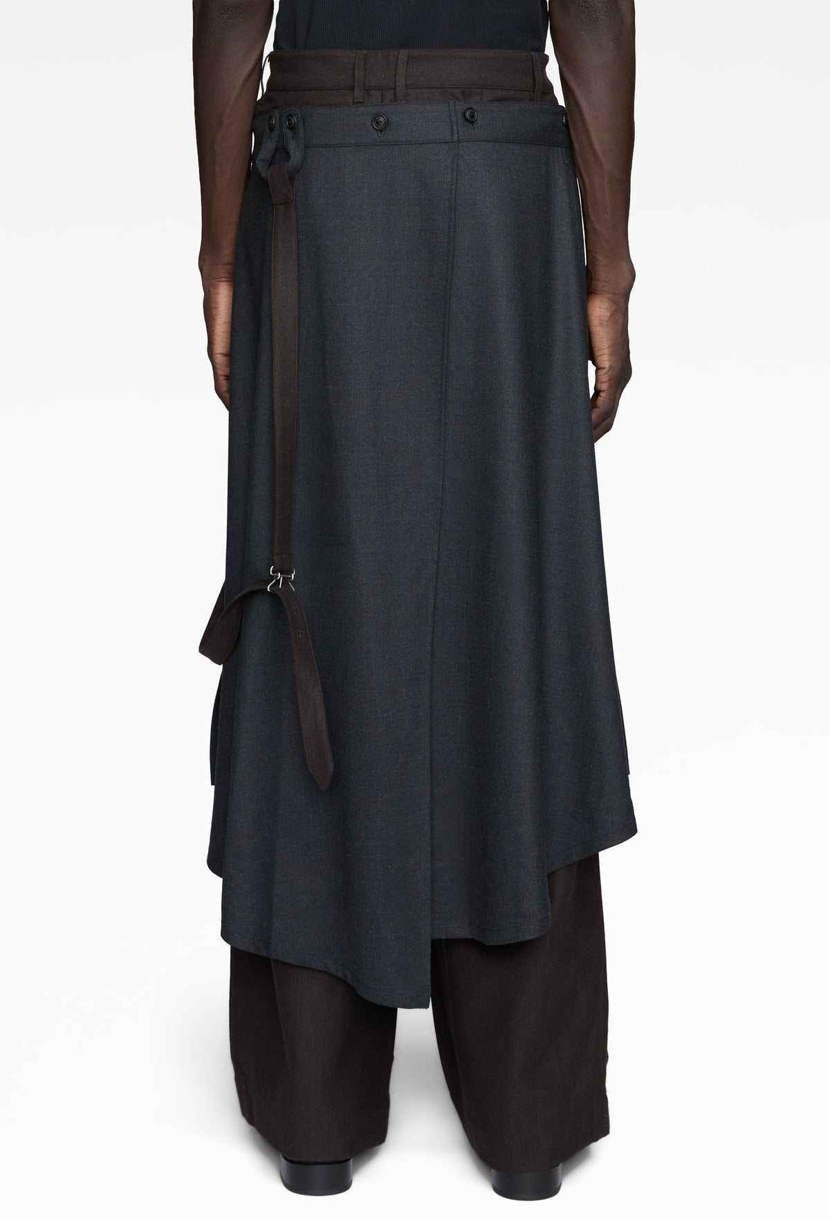 Brown Asymmetric Suspender Skirt-Panel Pants