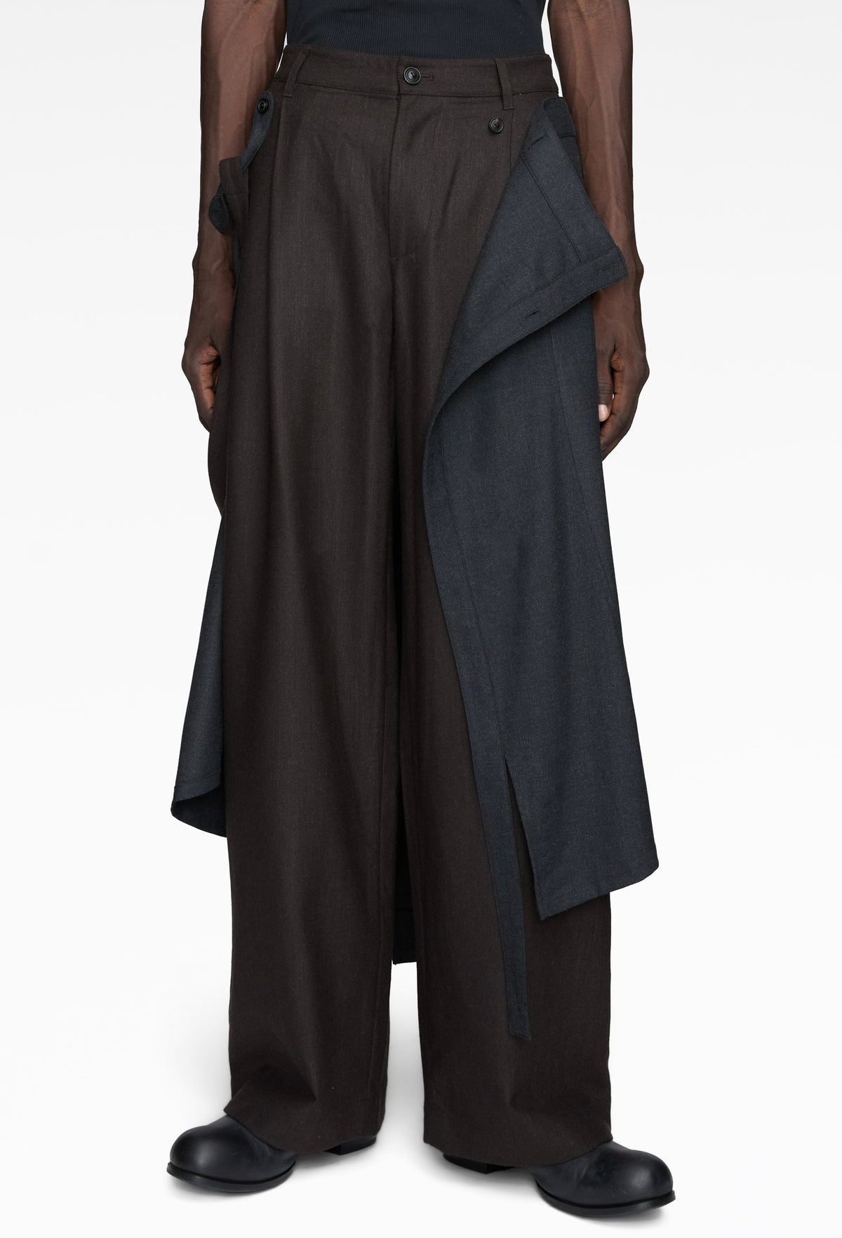 Brown Asymmetric Suspender Skirt-Panel Pants