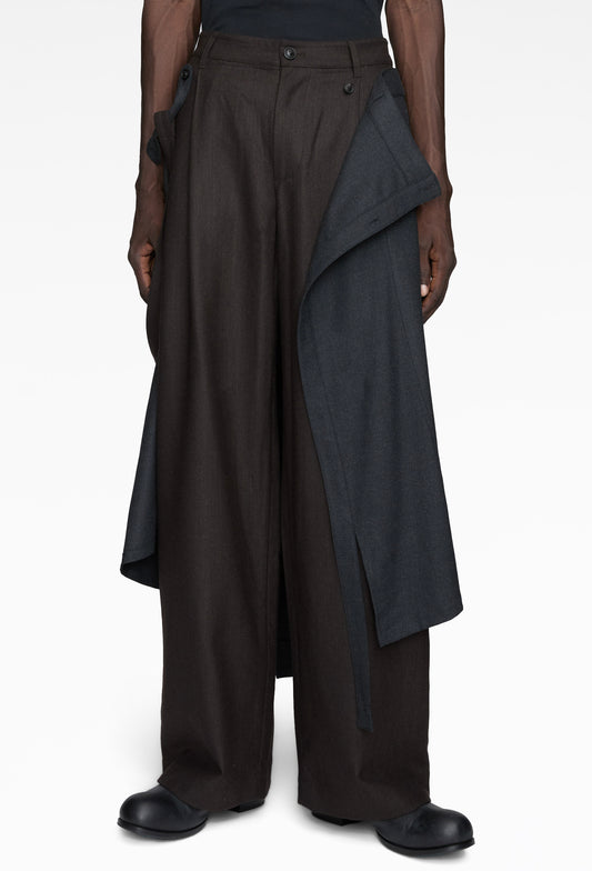Brown Asymmetric Suspender Skirt-Panel Pants