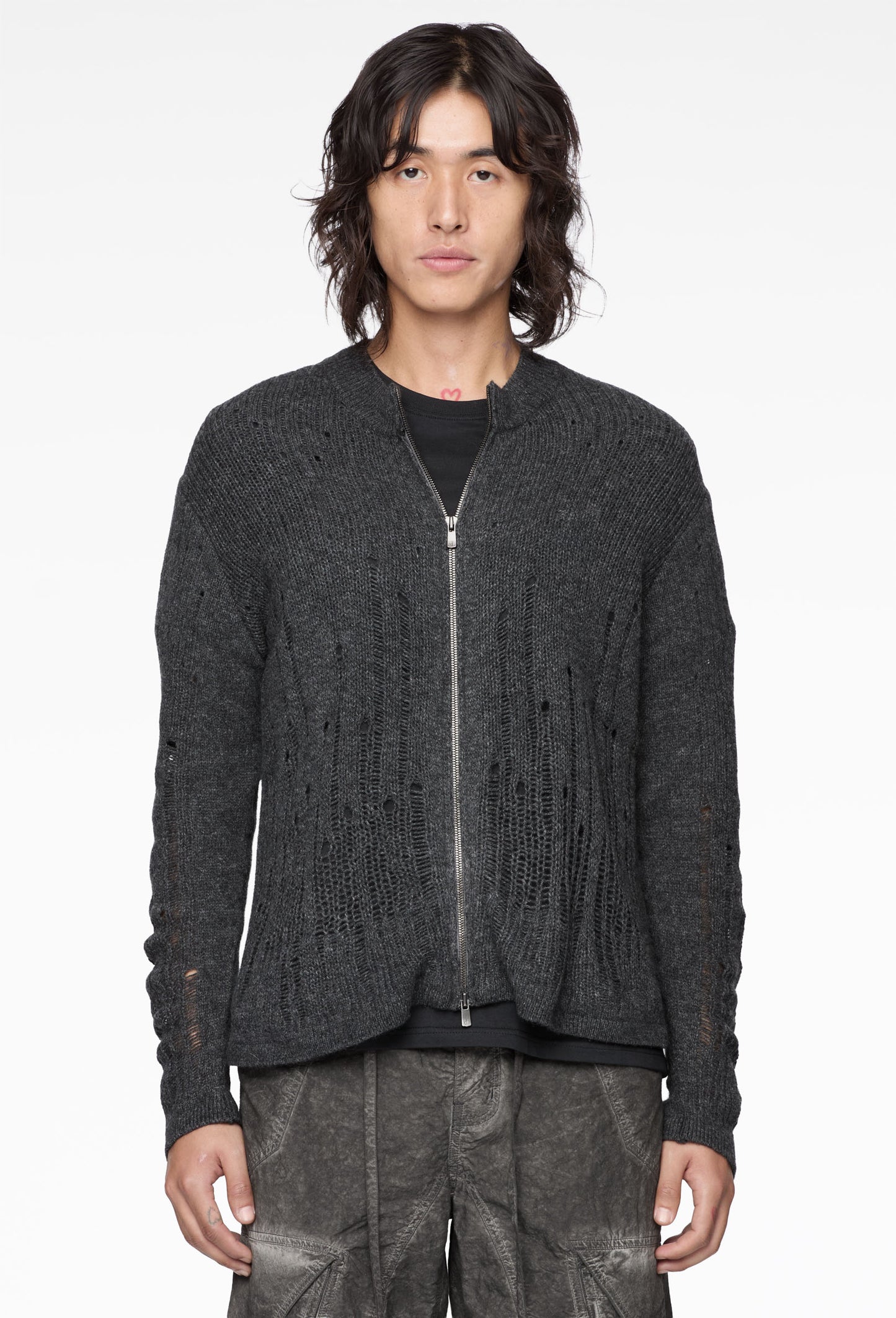 Charcoal Distressed Zip Knit
