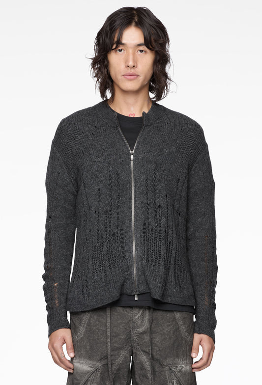 Charcoal Distressed Zip Knit