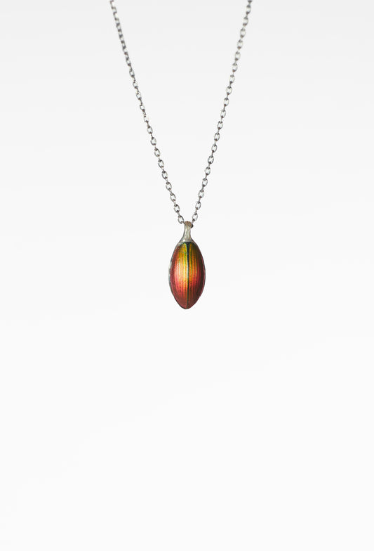 A Chitiner - Red Seed Necklace  
Oval-shaped multicolored pendant, mainly red and green  
Subtle vertical stripes, nature-inspired jewelry