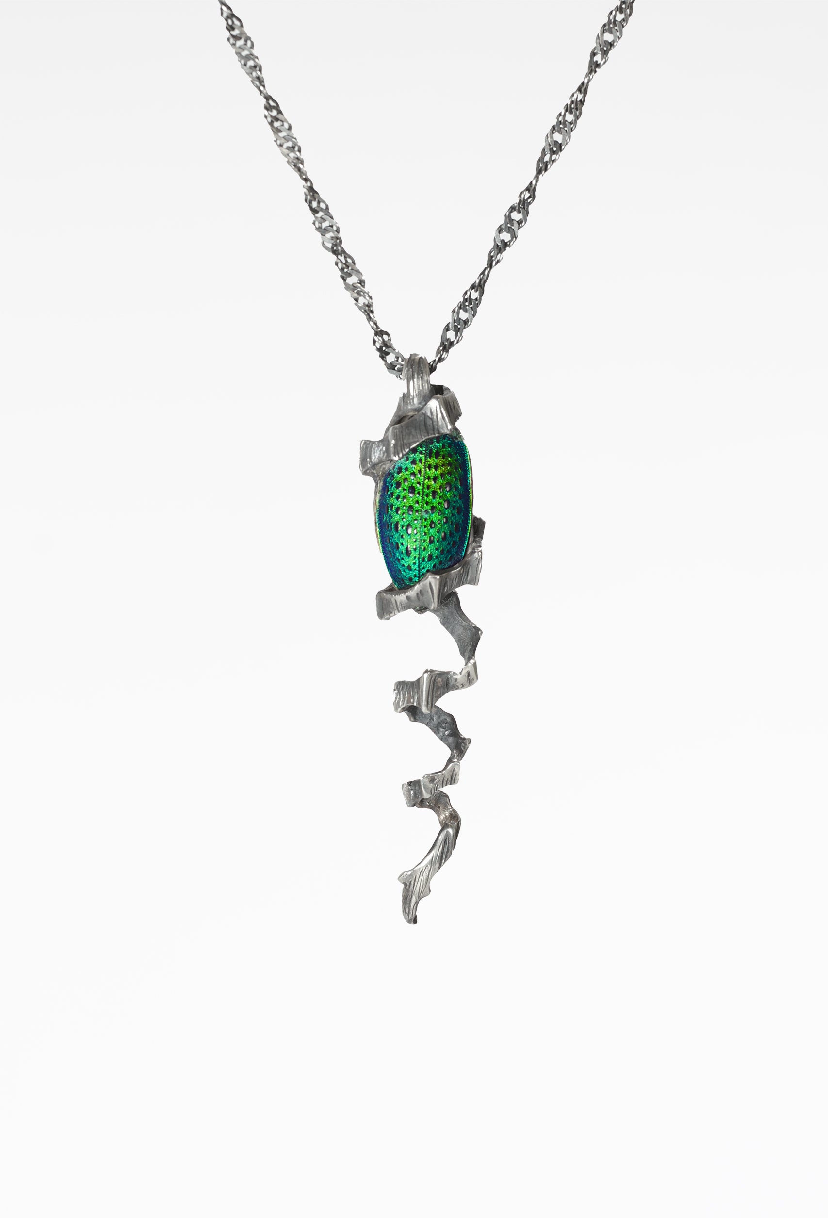 Chitiner - Green Thorns Necklace featuring a green enamel beetle, twisted textured chain, nature's life-inspired
