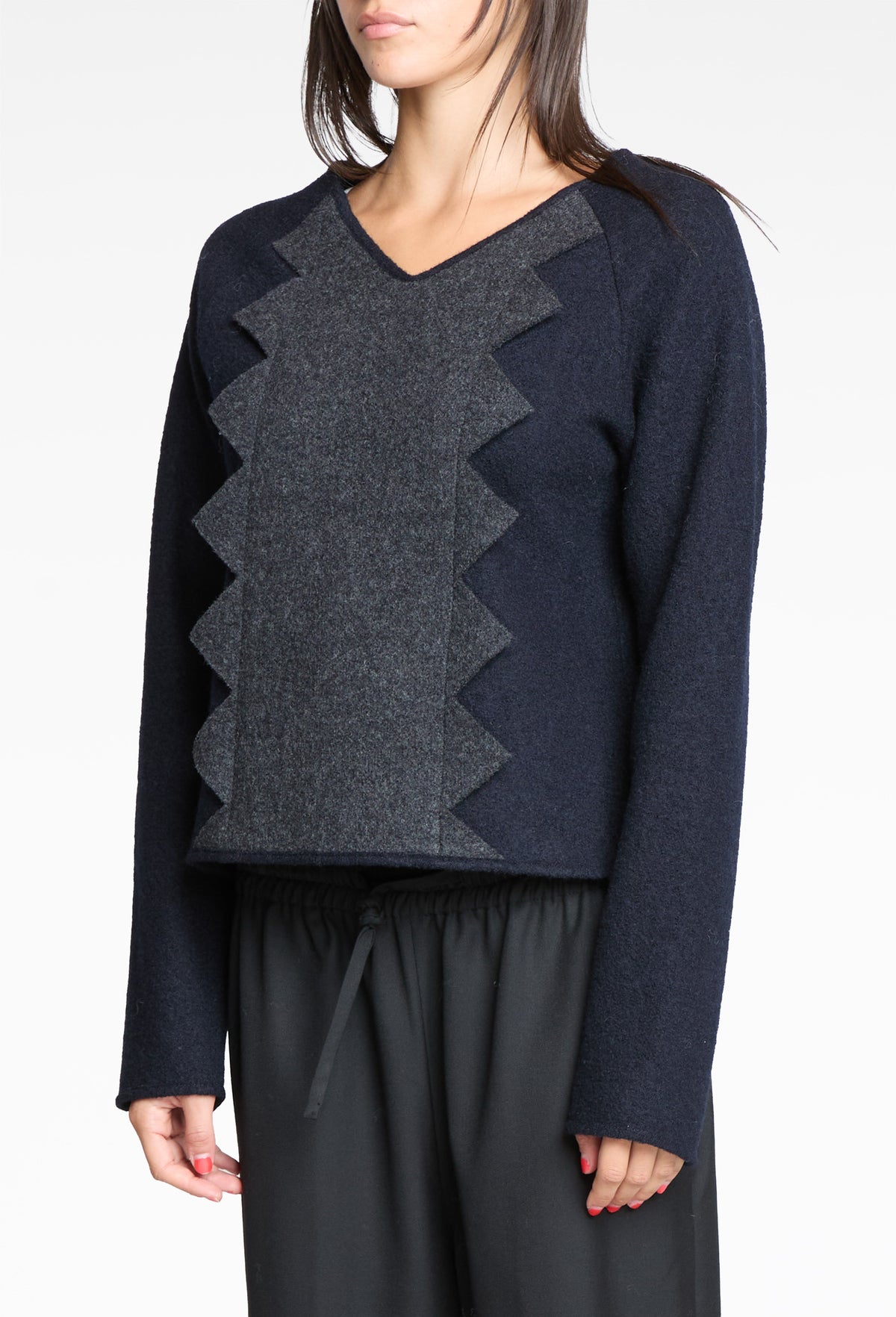 Grey/Navy Felted V-Neck Top