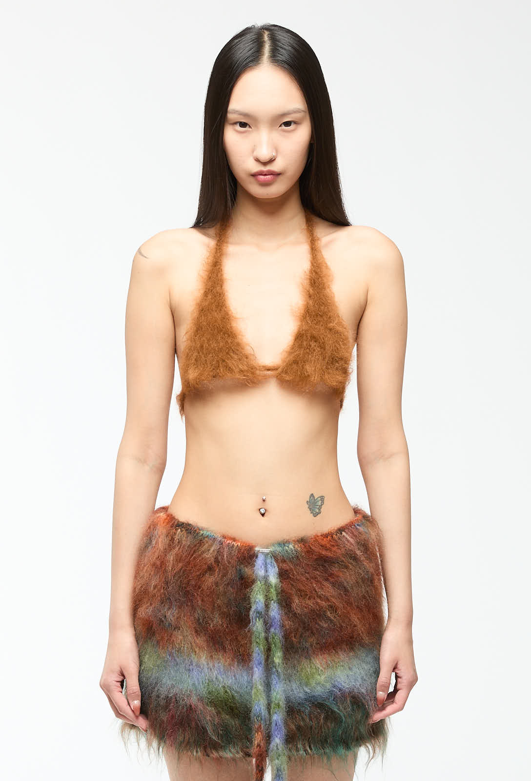 Nong Rak - String Bralette Top in Brown; Nong Rak - Multicolored Fur Skirt with Adjustable Straps