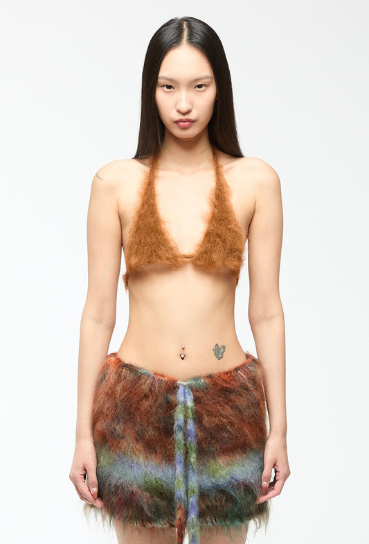 Nong Rak - String Bralette Top in Brown; Nong Rak - Multicolored Fur Skirt with Adjustable Straps