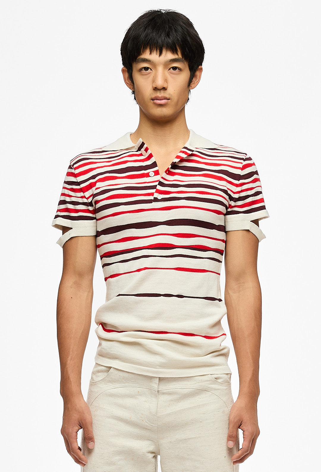 Beige Striped Knitted Polo