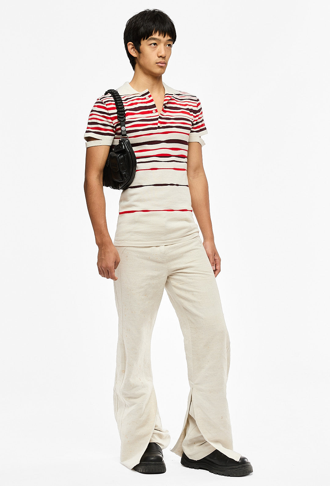 Beige Striped Knitted Polo