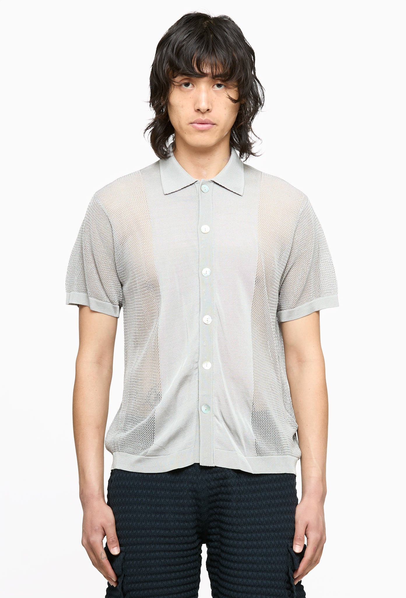 Pearl Grey Sheer Striped Short Sleeves Shirt