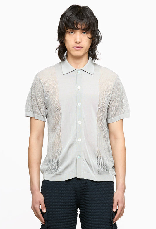 Pearl Grey Sheer Striped Short Sleeves Shirt