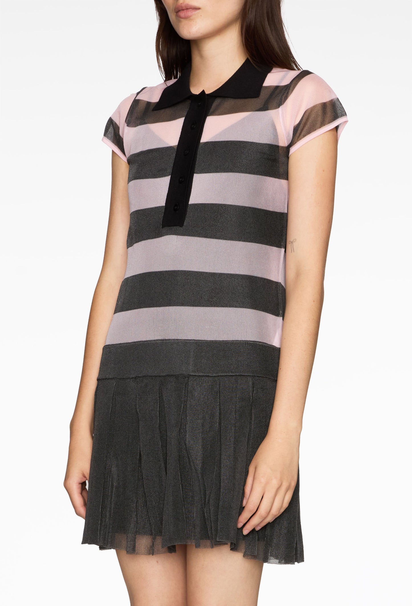 Pink Organza Knit Striped Polo Dress