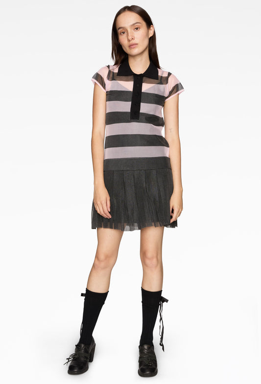 Pink Organza Knit Striped Polo Dress