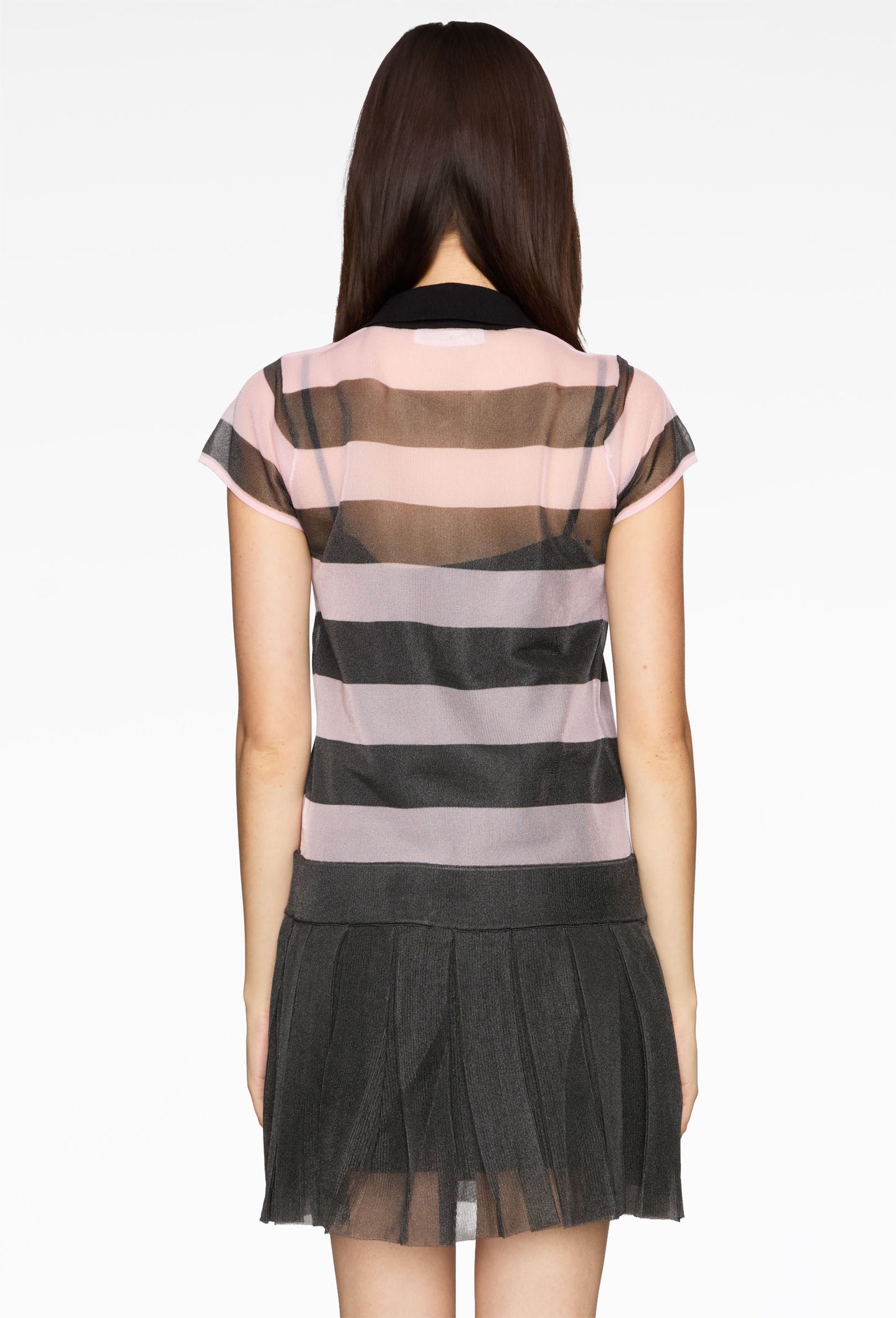 Pink Organza Knit Striped Polo Dress