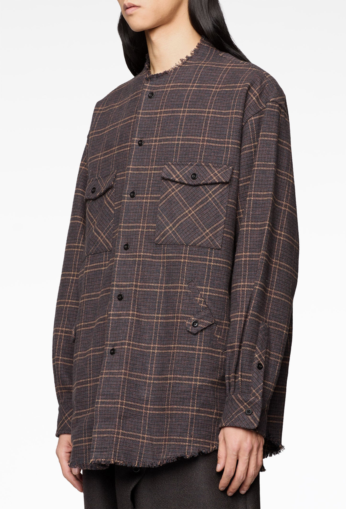 Raw Neckline Windowpane Shirt