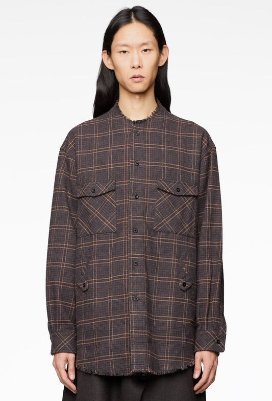 Raw Neckline Windowpane Shirt